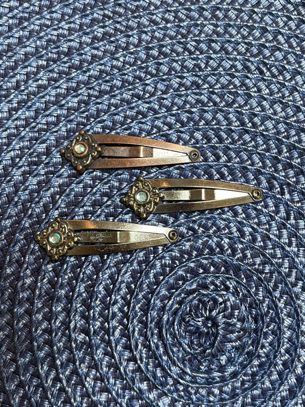 Vintage Metal Decorative Snap Hair Clips with Turquoise Colored Accents Set of 3